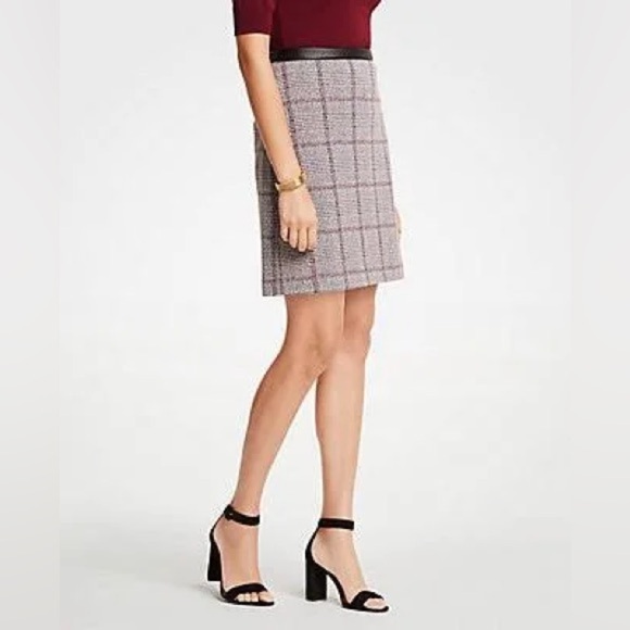 NWTs Ann Taylor Faux Leather Trim Plaid A-Line Skirt Size size4P - Picture 1 of 5